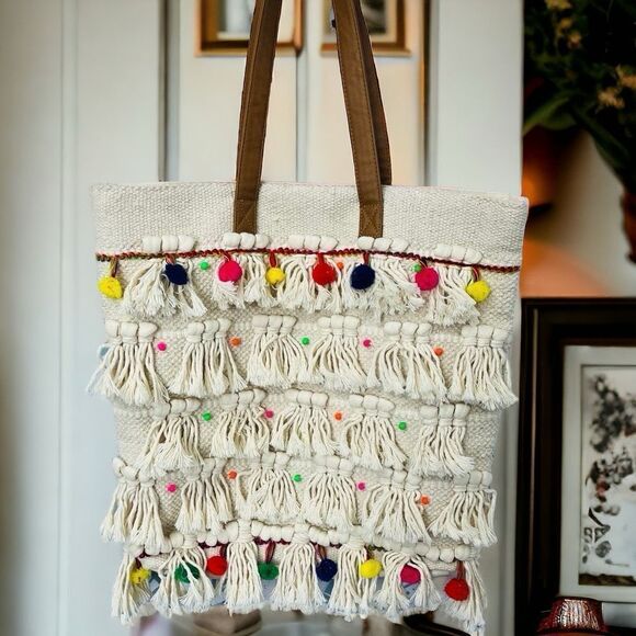 Sonoma Women’s Large Canvas Tote Purse Cream Multi-Color Pom Pom - Picture 2 of 9
